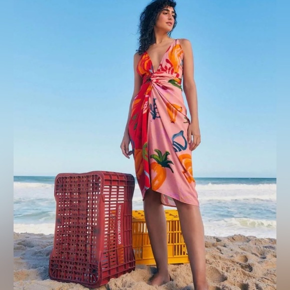 Farm Rio Cover Up Wrap Midi Dress S Fruit Print Anthropologie Swim Sarong Resort - Picture 1 of 11
